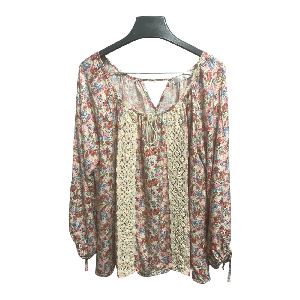 easel Crochet-Panel Floral Peasant Blouse in Cream and Multicolor